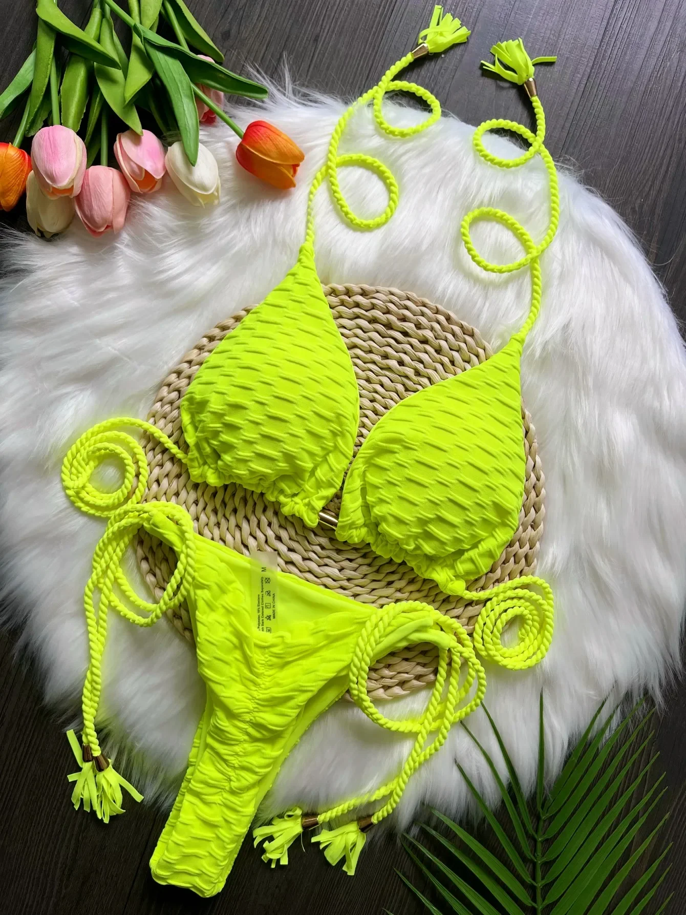 Handmade woven rope swimsuit with special fabric, women's solid color fringe bikini set