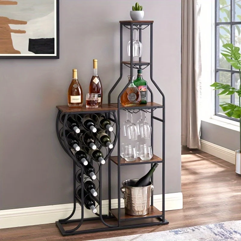 Estante para 11 Botellas de Vino, Estante para Vino de 5 Niveles con Soporte para Copas Colgantes y Estantes de Almacenamiento, para Bar en Casa