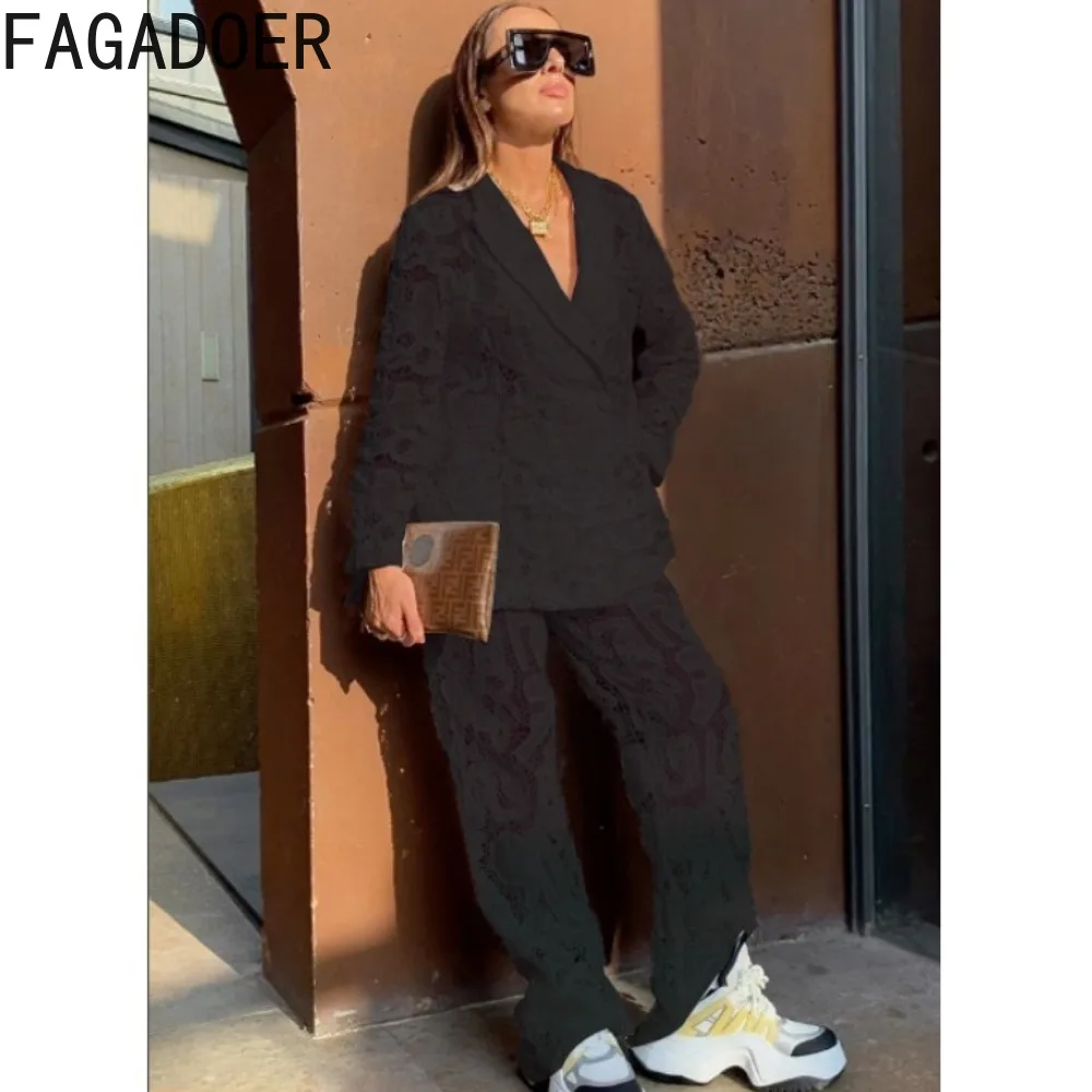 FAGADOER Fashion Solid Color Hollow Lace Brazer Two Piece Sets Women Turndown Collar Long Sleeve Coats And Pant Outfits Clothing