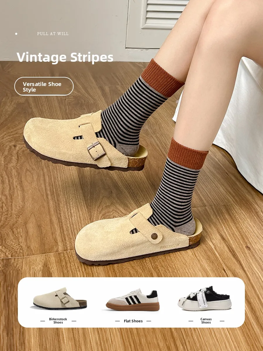 

Spring Summer Cotton Stripe Sos Women's No-Cuff Color Blo Patchwork Long Sos Moisture ng Mid-Calf Vintage Contrast
