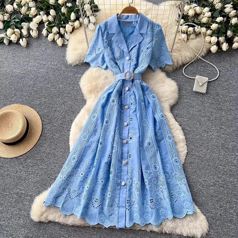 

Elegant Retro Hollow Out Hook Lace Short Sleeve Women's Dress Notched Single Breasted High Waist Belt A-Line Gown for Parties