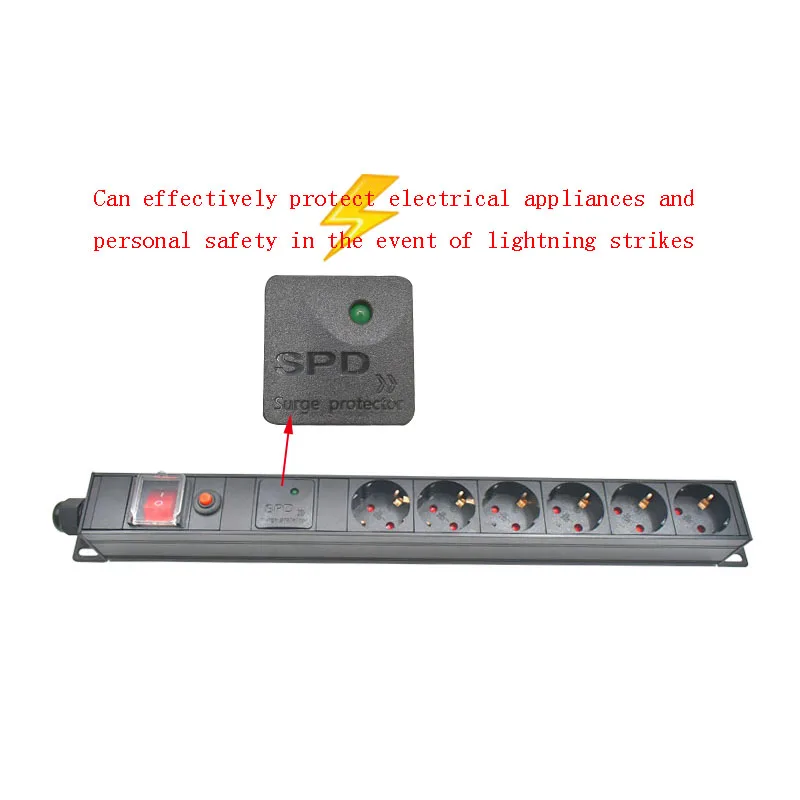 PDU power board 19 inch EU socket 6AC, with double break switch/overload protection/surge protection, wireless/2m cable
