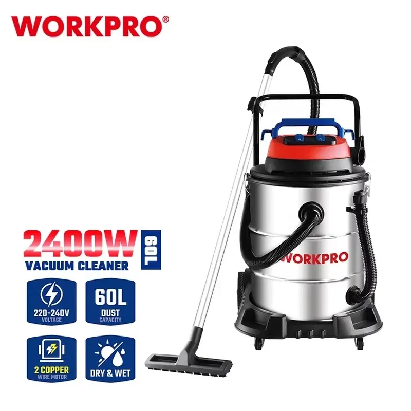 WORKPRO 1200W*2 60L Wet and Dry Industrial Vacuum Cleaner Electric Power Tool with Plastic Material Dual Source
