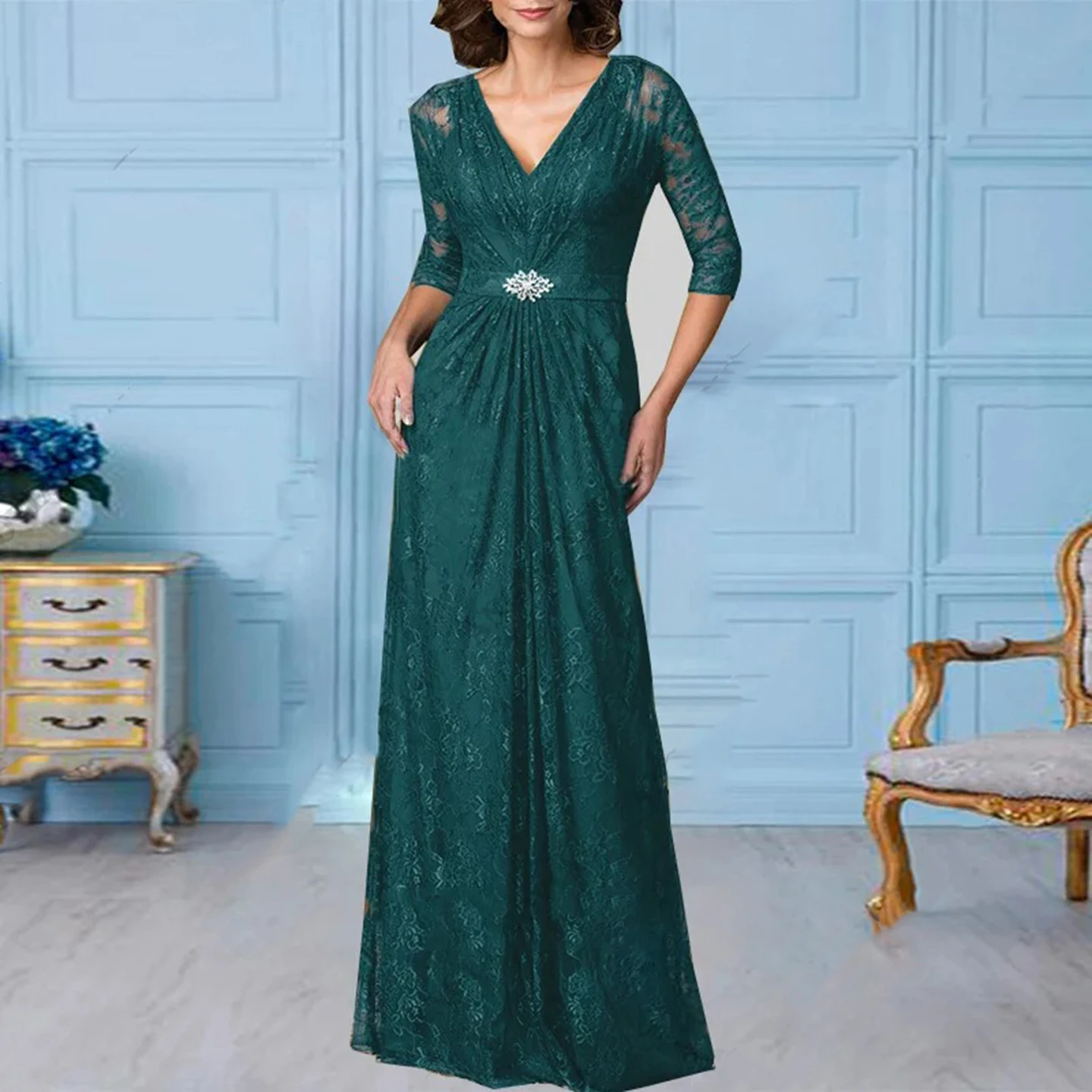 

Dark Green Lace Long Evening Dress V - Neck Formal Gown for Evening Gala 3/4 Sleeve Mother Of Bride Dresses for Wedding