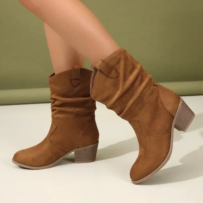 

Women Pleated High Heeled Ankle Boots 2024 Autumn New Pointed Toe Brown Cowboy Boots Woman Pu Leather Botas Shoes Plus Size 42