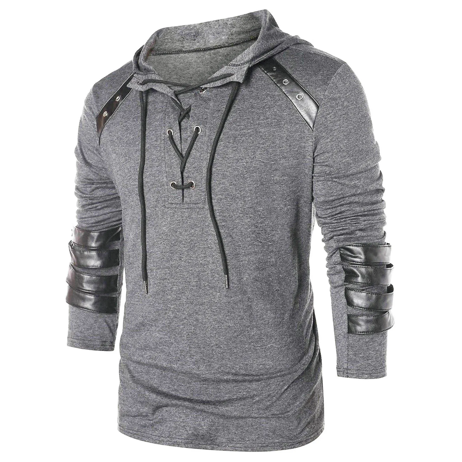 Gothic Fashion Men Hoodies Outerwear Full Sleeve Drawstring Pullover Sweatshirt Vintage Faux Leather Patchwork Lace Up Hoodie