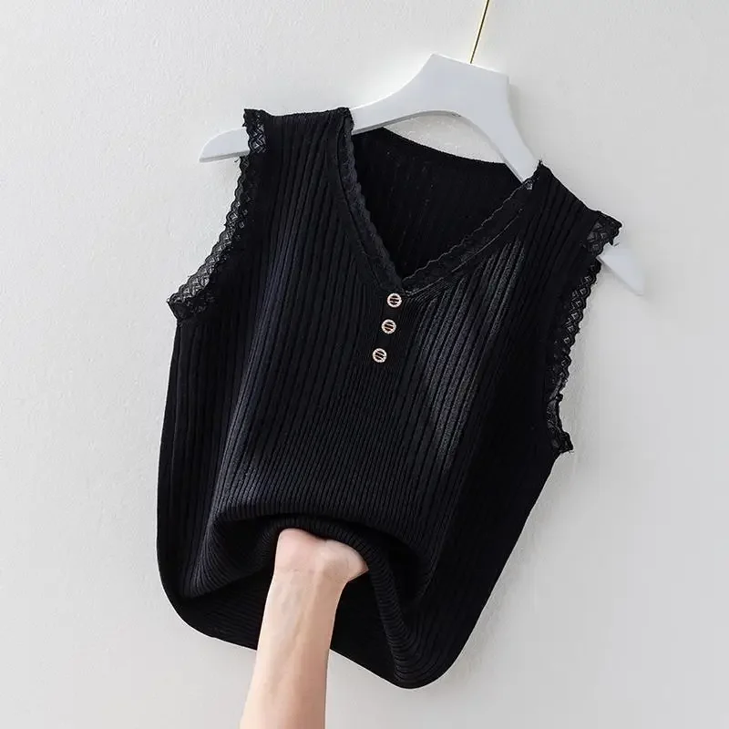 Canotta estiva in seta ghiacciata, abito interno da donna, fondo, maglione ampio che copre la pancia, gilet senza maniche con scollo a V