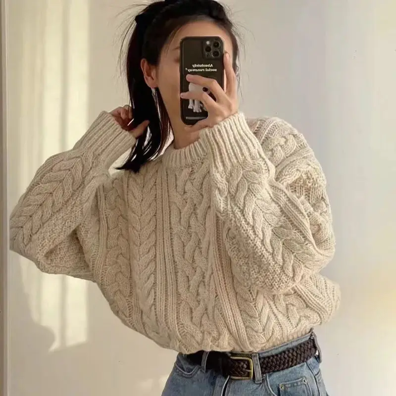 

O-neck Female Vintage Knitted Pullover Solid Casual Loose Lady Kintwear Tops T587 Women Thick Twisted Sweater Autumn Long Sleeve