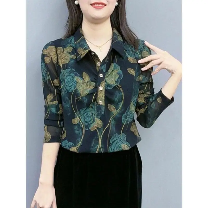 Vintage Printed Lapel Button Folds Floral Blouses Women\'s Clothing 2023 Winter Loose Casual Tops Office Lady Warm Shirts