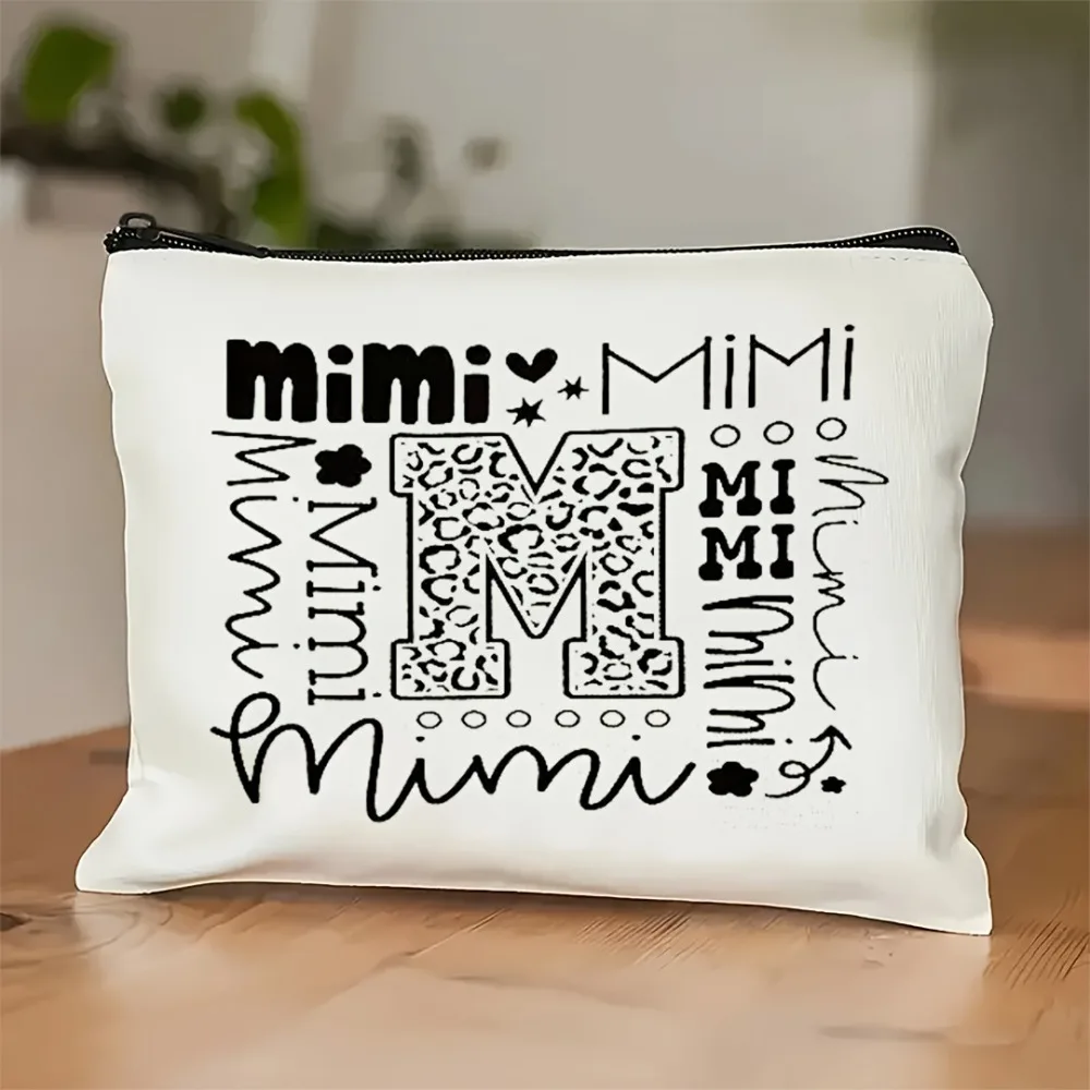 Chic Mimi Theme Makeup Bag - Stylish Cartoon Letter M Design With Leopard Print & Hearts Durable Polyester Cosmetic Pouch For T
