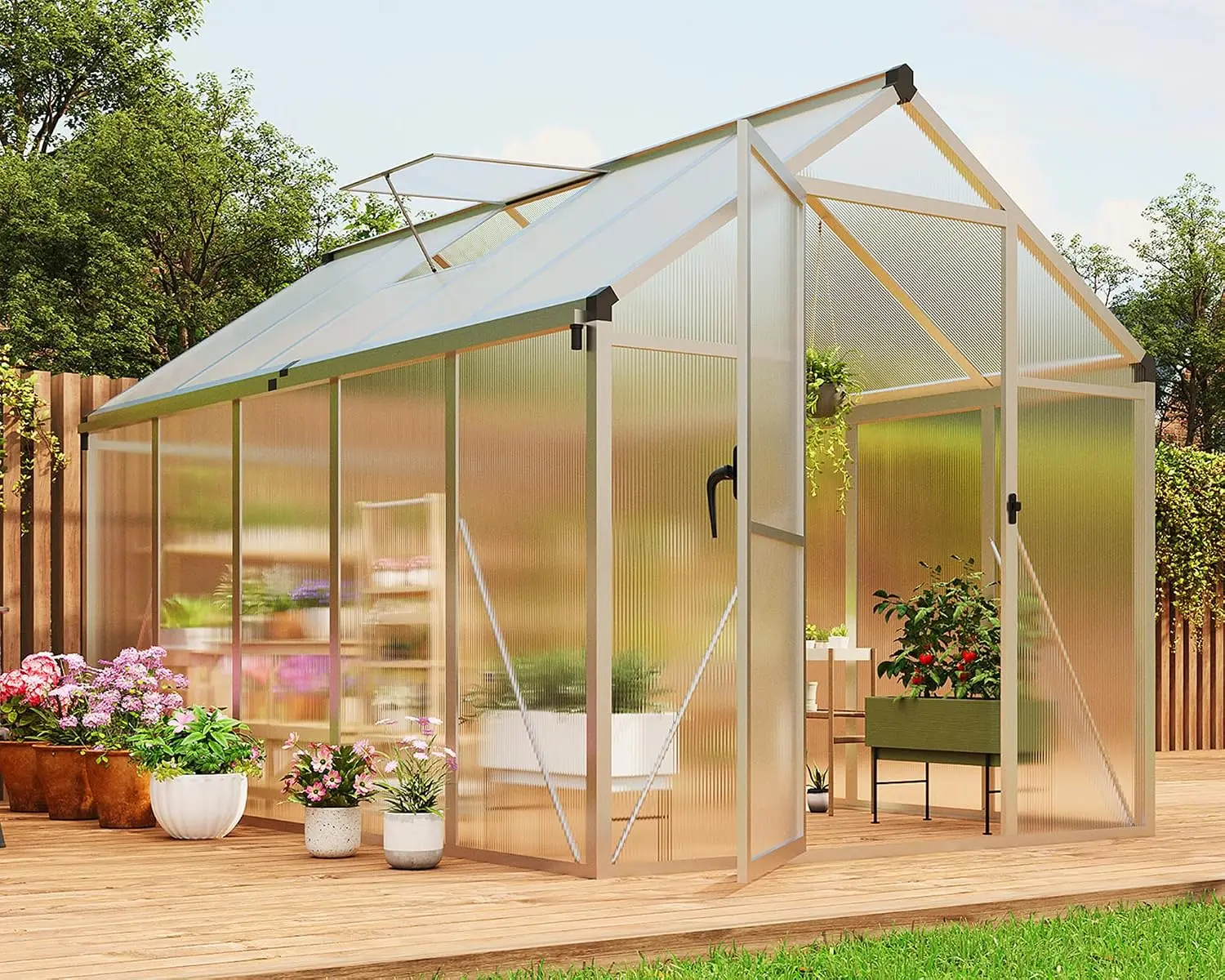 6x10 FT Greenhouse for Outdoors, Polycarbonate Flower Greenhouse with Roof Vent, Push-Pull Lockable Door, Aluminum, Customized