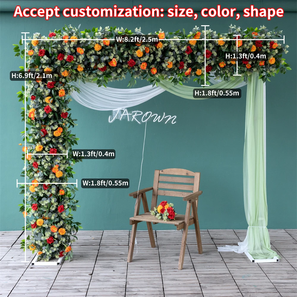 2.1m Artificial Flower Arrangement Wedding Backdrop Decoration Red Rose Green Eucalyptus Floral Row Event Party Decor Display