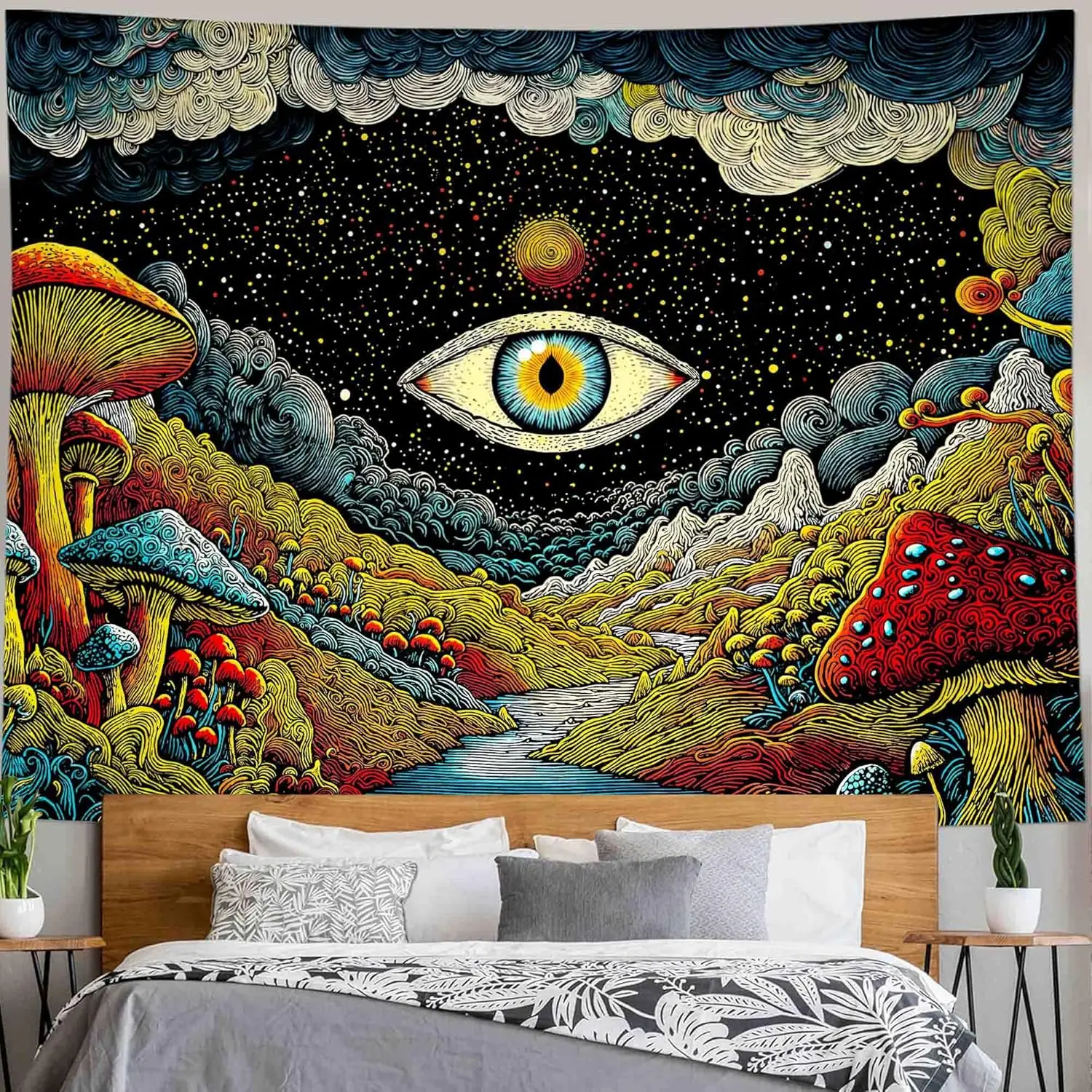 eye Tapestry Mystical Mushroom Tapestries Cosmic Valley Gaze Wall Hanging Bohemian Fantasy Bedroom Dormitory Decoration