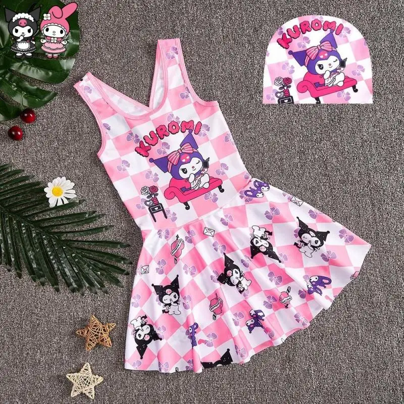 

Girls Swimsuit Sanrio Hello Kitty Kuromi Summer Beach Bikini Clothing New Cartoon Anime Bodysuit Kawaii Print ﻿swimming Cap