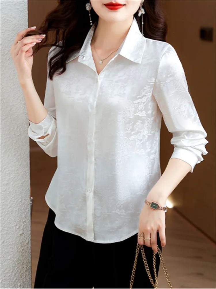 

Блузка Женская атласная, жаккардовая Базовая рубашка с длинным рукавом, на пуговицах, осенняя одежда