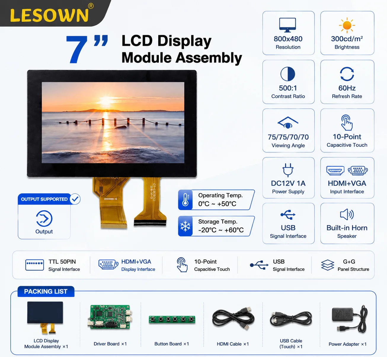 LESOWN 7.0-inch Capacitive Touch Screen Assembly 800x480 HDTV VGA Display Plug & Play with DC12V Power for Portable Monitor