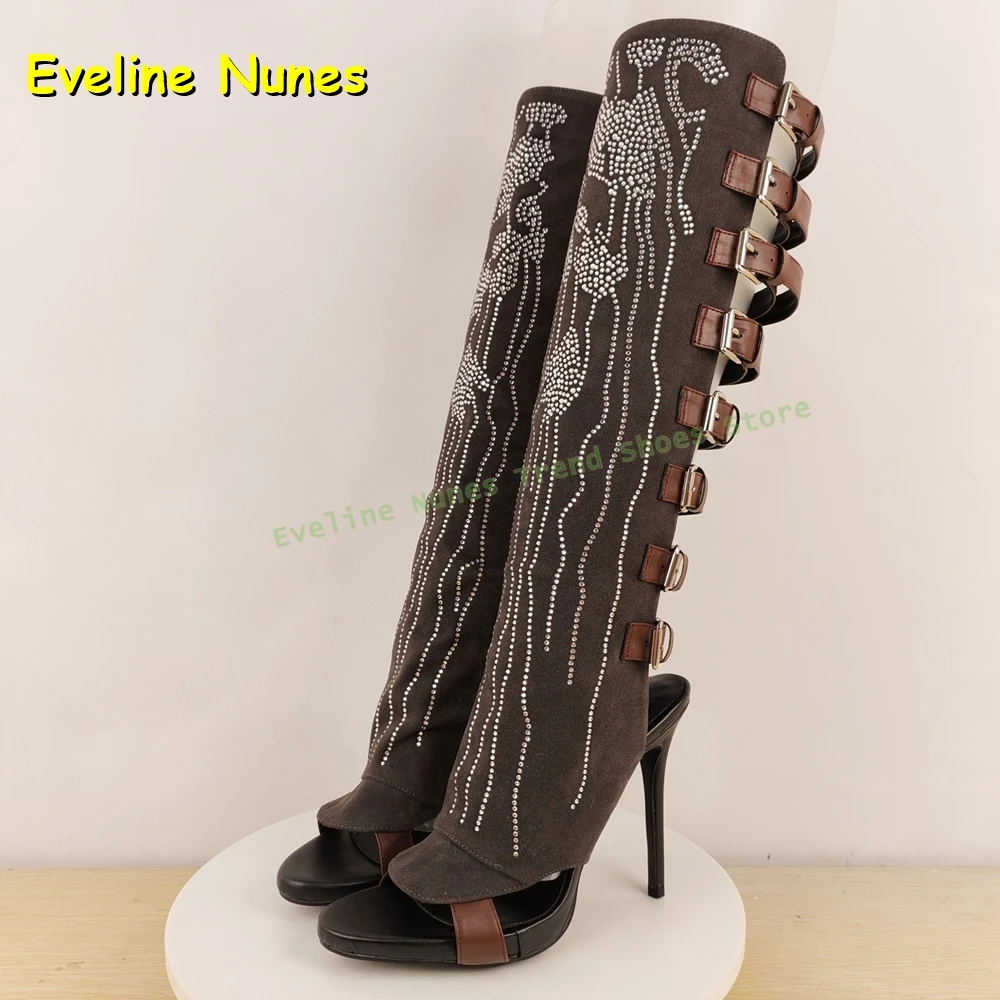Rhinestone Belt Buckle Sexy Gladiator Open Toe Stiletto Slingback Back Hollow Out Women Fashion Knee High Boots 2025 New Arrival