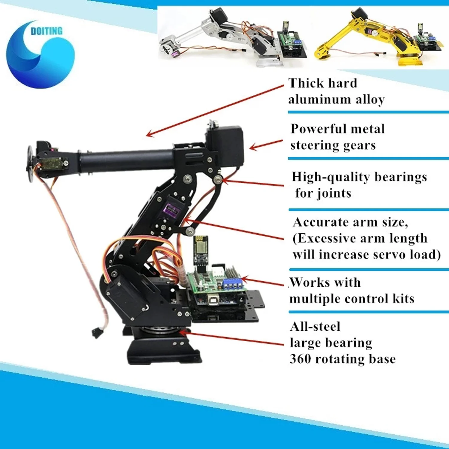 

Wifi/ Bluetooth/PS2 Control 7 DOF Mechanical Arm 7 Axis Rotating Mechanical Robotic Clamp Kit Aluminum Alloy Manipulator DIY Kit