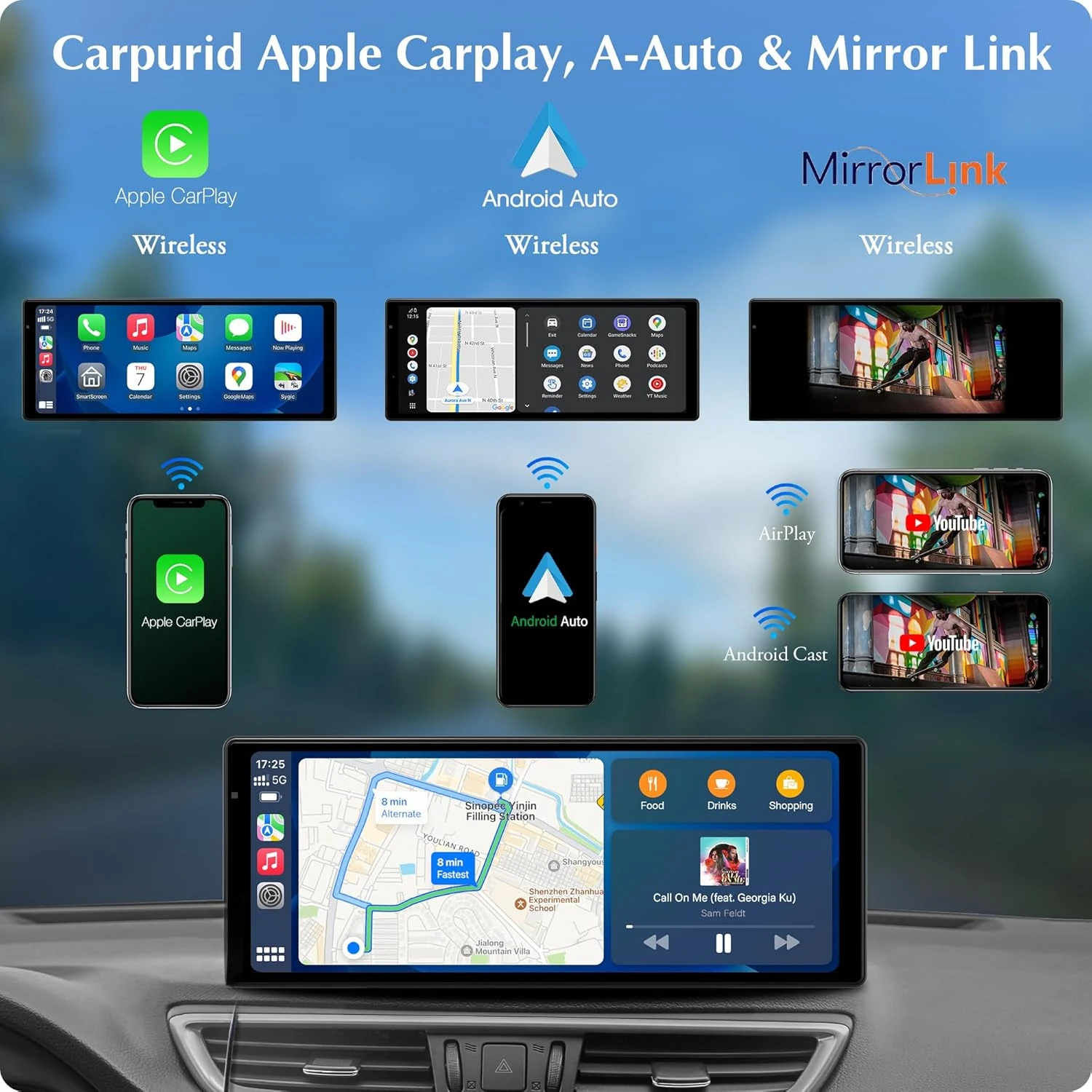 Carplay inalámbrico portátil 4K W903 y Android Auto con cámara de salpicadero - Pantalla HD IPS de 9,3", cámara frontal 4K, grabación en bucle