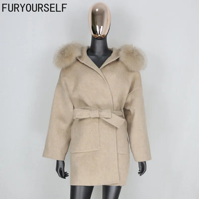 

FURYOURSELF 2023 New Oversize Loose Natural Fox Fur Collar Hood Cashmere Wool Blends Real Fur Coat Winter Jacket Women Warm Belt