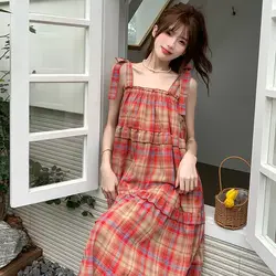 Womens Red Plaid Suspender Dress Nightgowns Home Clothing Summer