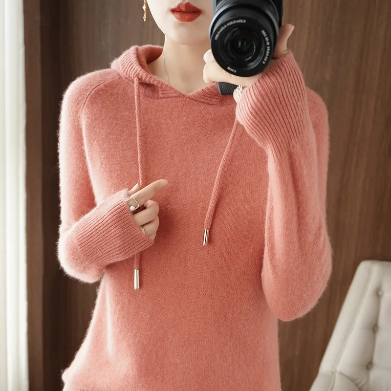 Women Merino Wool Sweater Outwear Hooded Collar Pullover Autumn Winter Bottoming Knitwear Casual Warm Soft Tops Solid Color