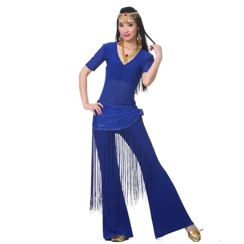 op maat gemaakte midden gerimpeld semi-transparant garen buikdanskostuums met korte mouwen oefenkleding set top + broek + tailleketting
