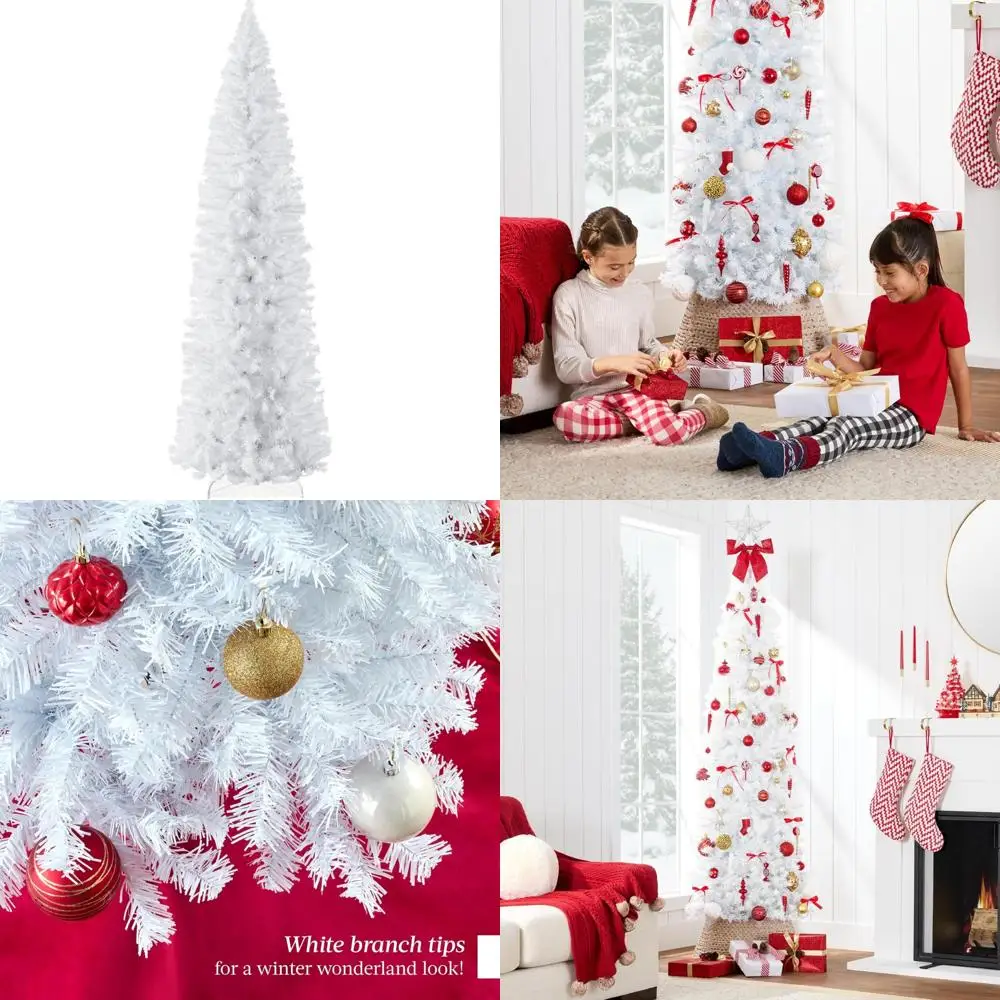 

Белая тонкая рождественская елка-карандаш длиной 7,5 футов — тонкий металл для праздничного украшения премиум-класса, идеально подходит для компактных торжеств