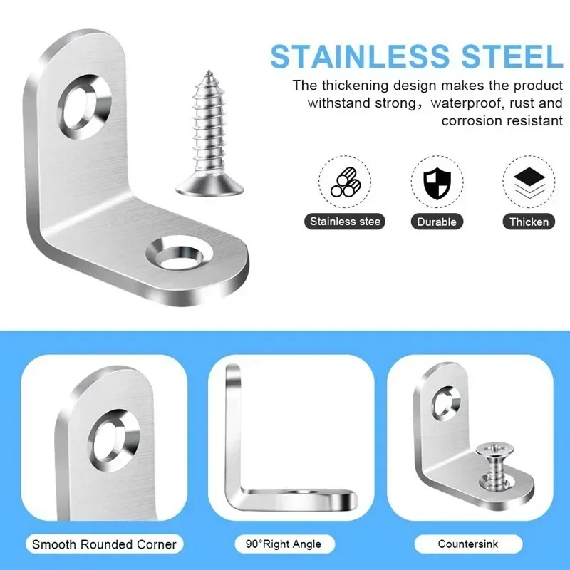 1-50Pcs L Shaped Brackets 90 Degree Right Angle Stainless Steel Bracket Fastener with Screw For Wood Furniture Cabinet