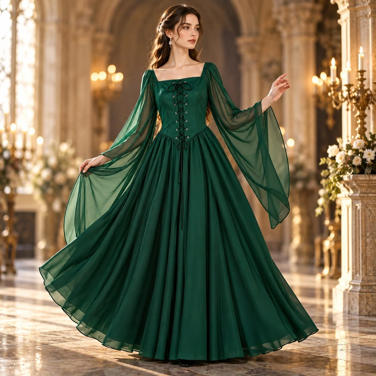 Square Neck Long Dress Gown with Tied Straps Flared Sleeves Casual European and American Fantasy General Stage Wear for Men