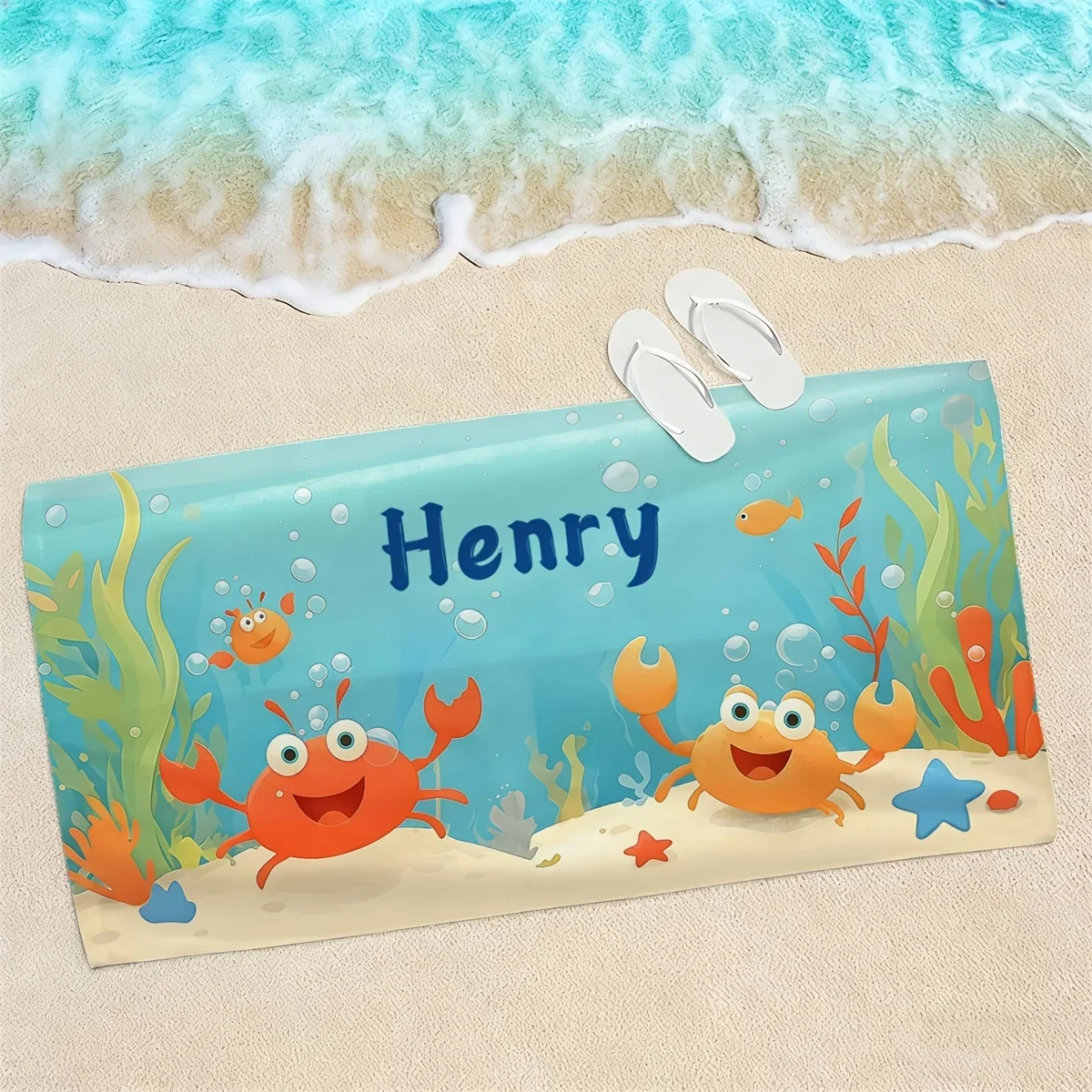 Custom Cute Crab Beach Towel Personalized Name Ocean Life 160x80cm Microfiber Bath Towels All Season Soft Absorbent Blanket