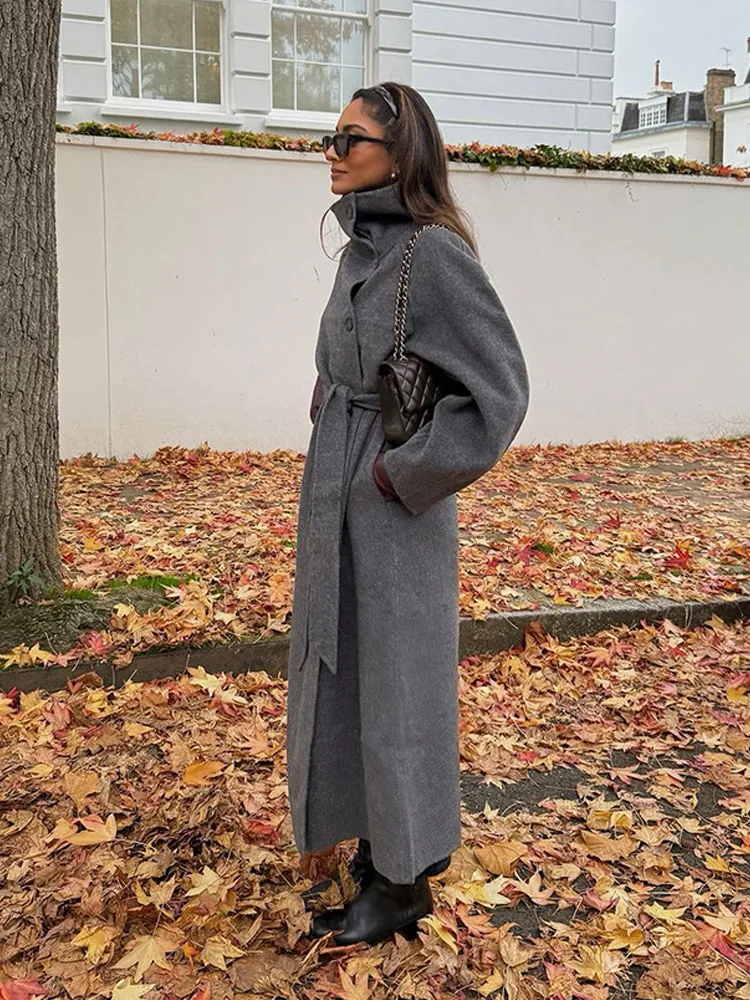 2024 Grey Women's Chic High Collar Long Coats Autumn Fashion Long Sleeved Casual Loose Overcoat New Lady Elegant Street Outwear