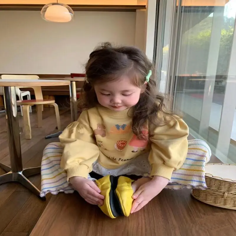 فتاة البلوز بأكمام طويلة Kawaii معطف غير رسمي ملابس الأطفال الكورية الفتيات هوديي موضة الكرتون طباعة الجولة الرقبة الدانتيل الاتجاه #4