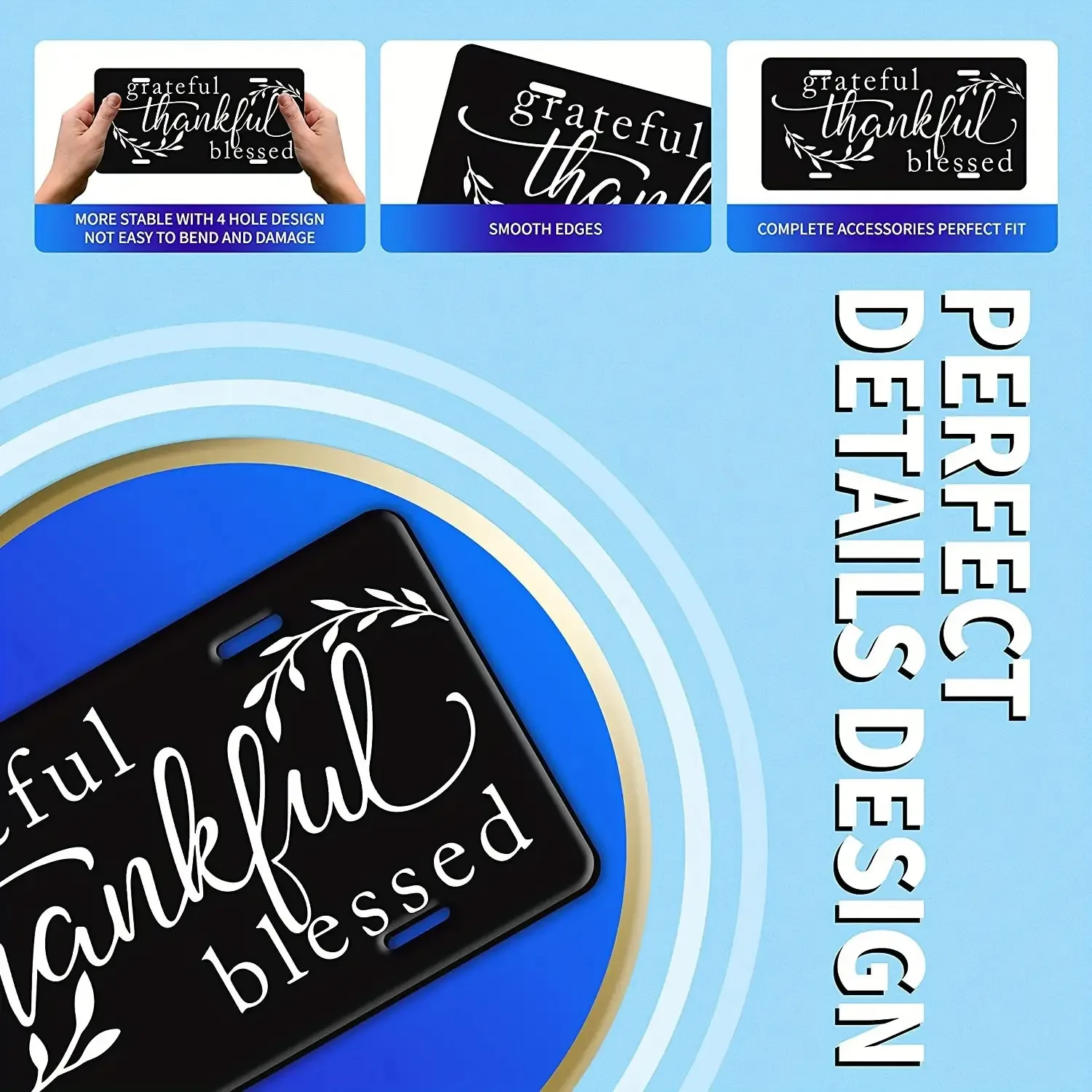 Gratitude Blessing Aluminum License Plate Elegant Leaf Design, Black And White Holiday Decoration, Suitable for Cars