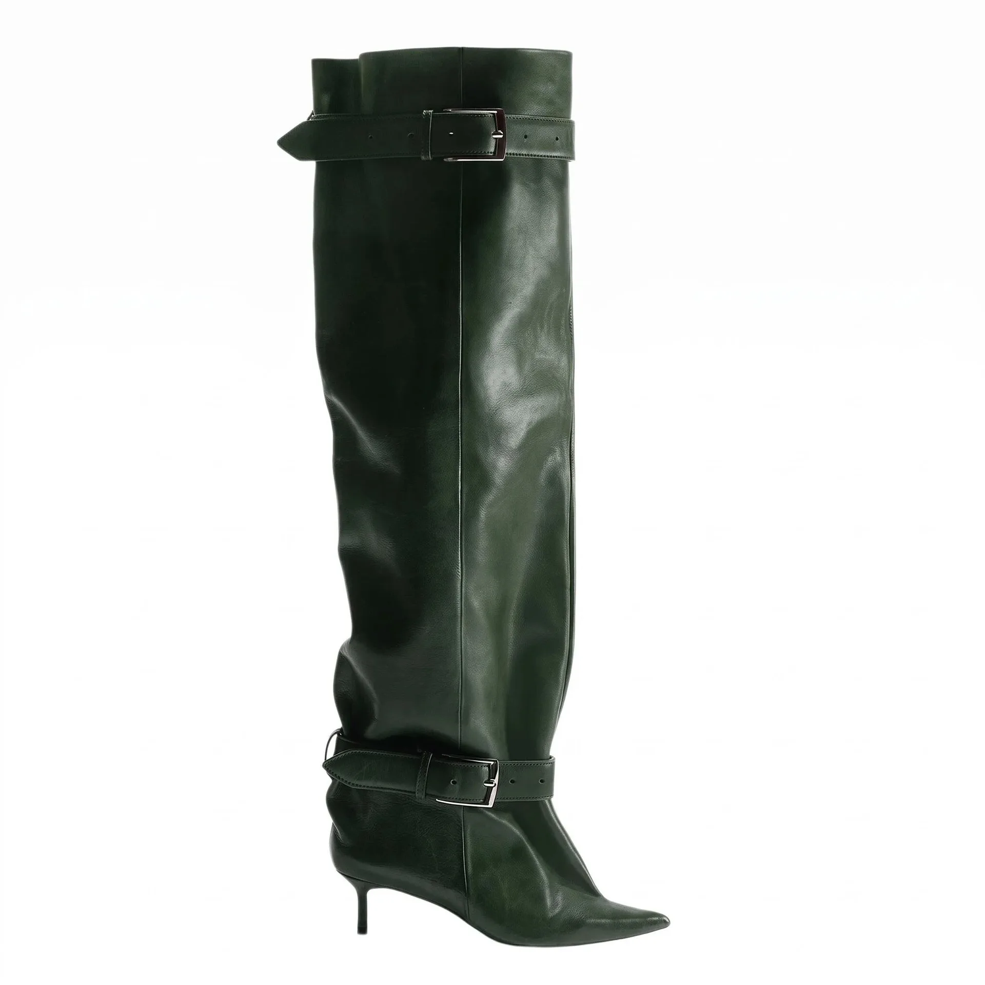 2026 Women's New Pointed Low Heel Thigh Boots with Belt Buckle, Straight Tube Long Plus Size 43 Over The Knee Women's Boots 43 - view 5