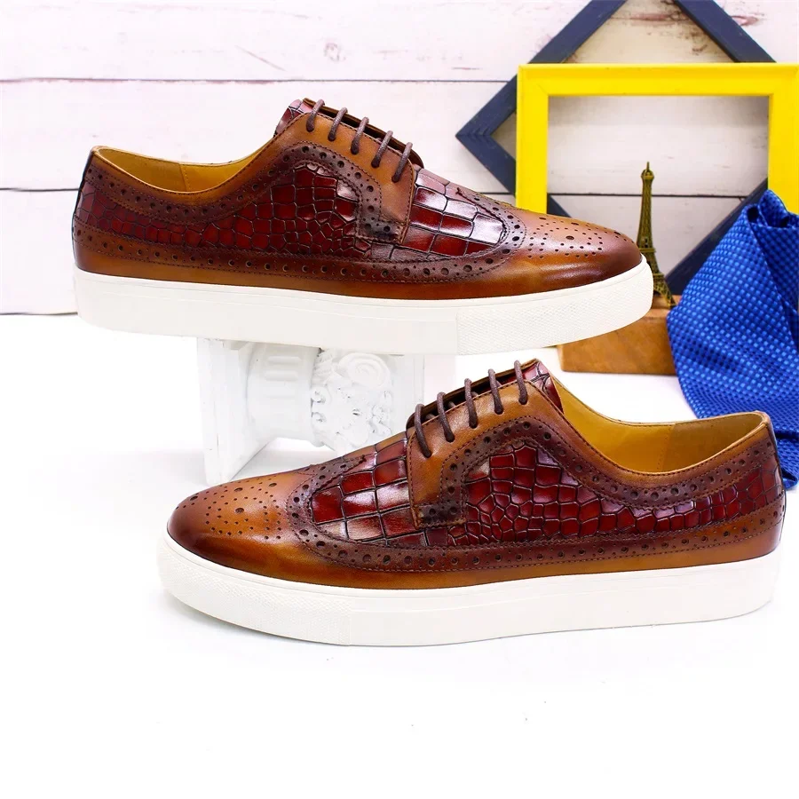 Genuine Leather Flat Sneakers Comfortable Handmade Mens Casual Shoes Brogue Wingtip Crocodile Print Non-slip Derby Shoes for Men