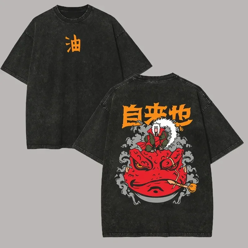 Jiraiya T Shirt Naruto Men Acid Wash Back Print Gamabunta Anime Graphic Cotton Streetwear Sannin Toad Vintage Bootleg Tee