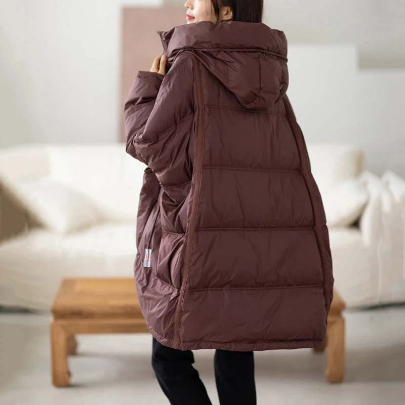 Vrouwen Losse Lange Puffer Jas Met Capuchon 90% Witte Eend Down Jas Oversized 2025 Nieuwe Winter Warme Vrouwelijke Veer Parka