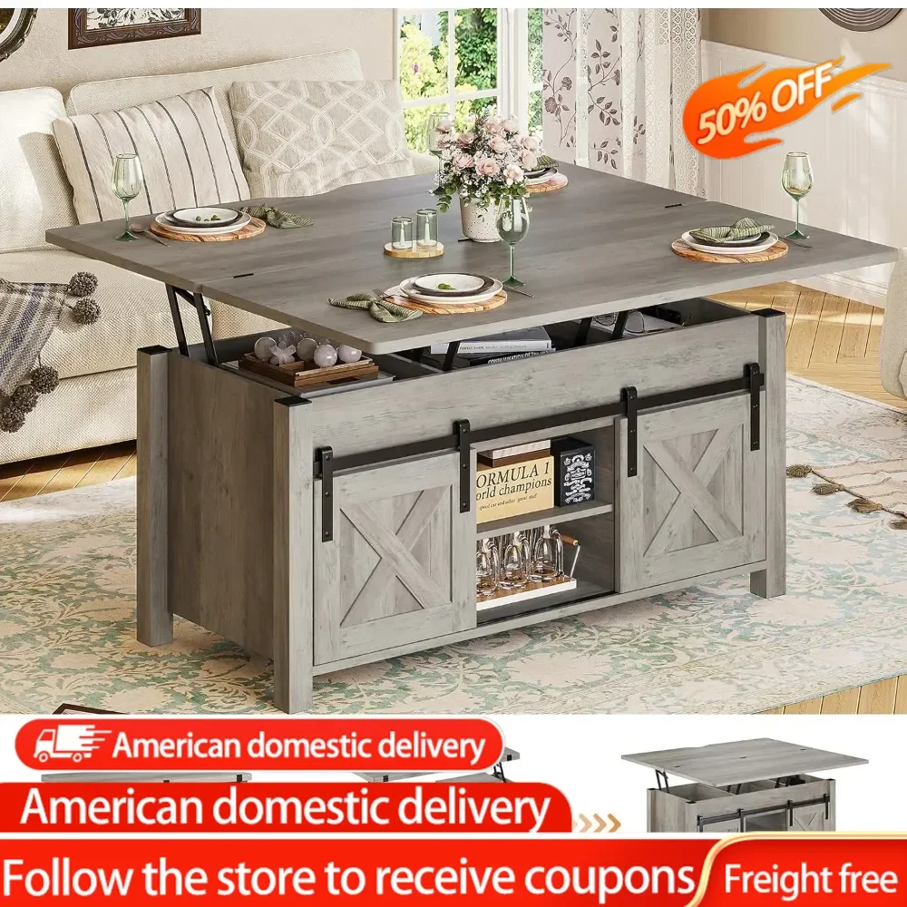 Lift Top,4 in 1 Multi-Function Convertible Coffee Tables with Storage and Hidden Compartment, Farmhouse Converts to Dining Table