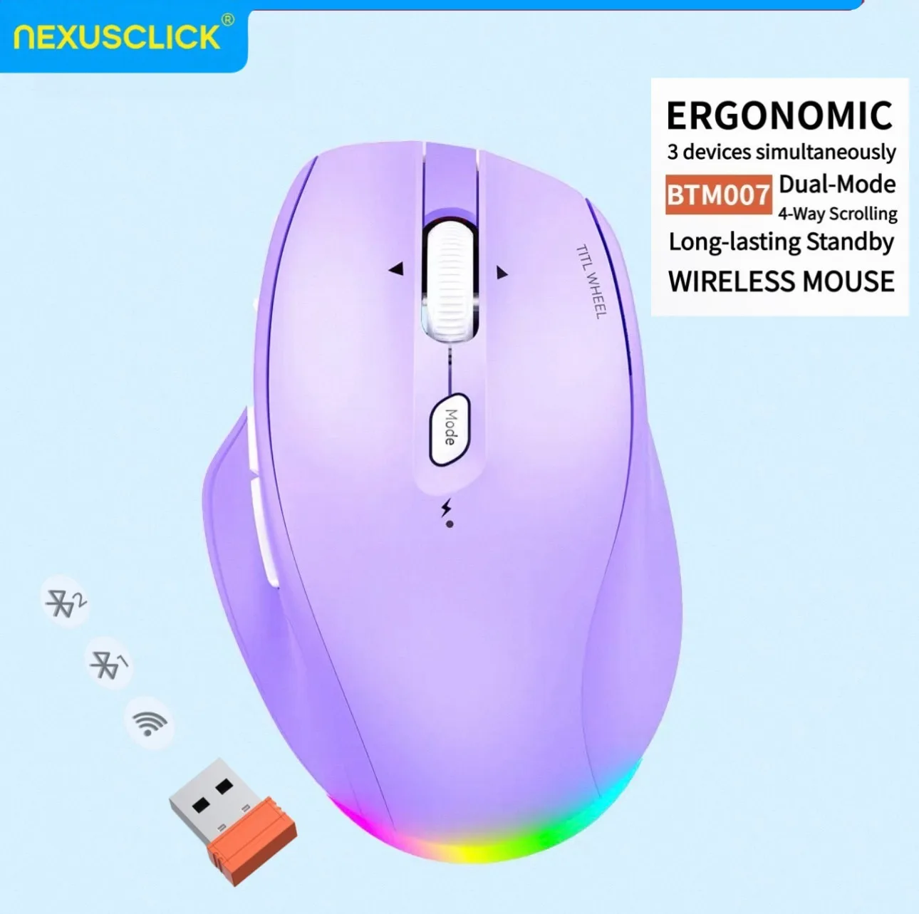 NexusClick Rechargeable Wireless Mouse,Ergonomic with Thumb Rest,Dual Mode,RGB Backlit,Silent Click,Multi-Device,for PC Office
