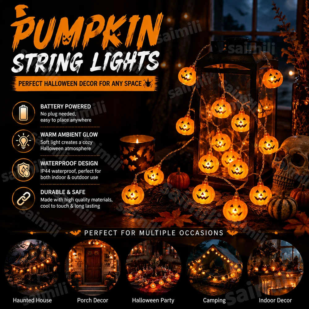 Outdoor Lighting Battery Operated - Batteriebetriebene Halloween-Kürbis-Lichterkette mit warmem Licht für