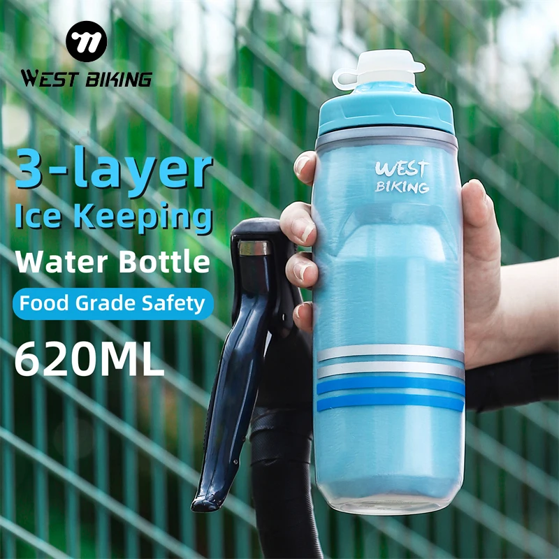 

WEST BIKING Cold Insulation Sports Water Bottle 620ML Bicycle Bottle Fitness Road Bike Running Food Grade Silicone Bottle