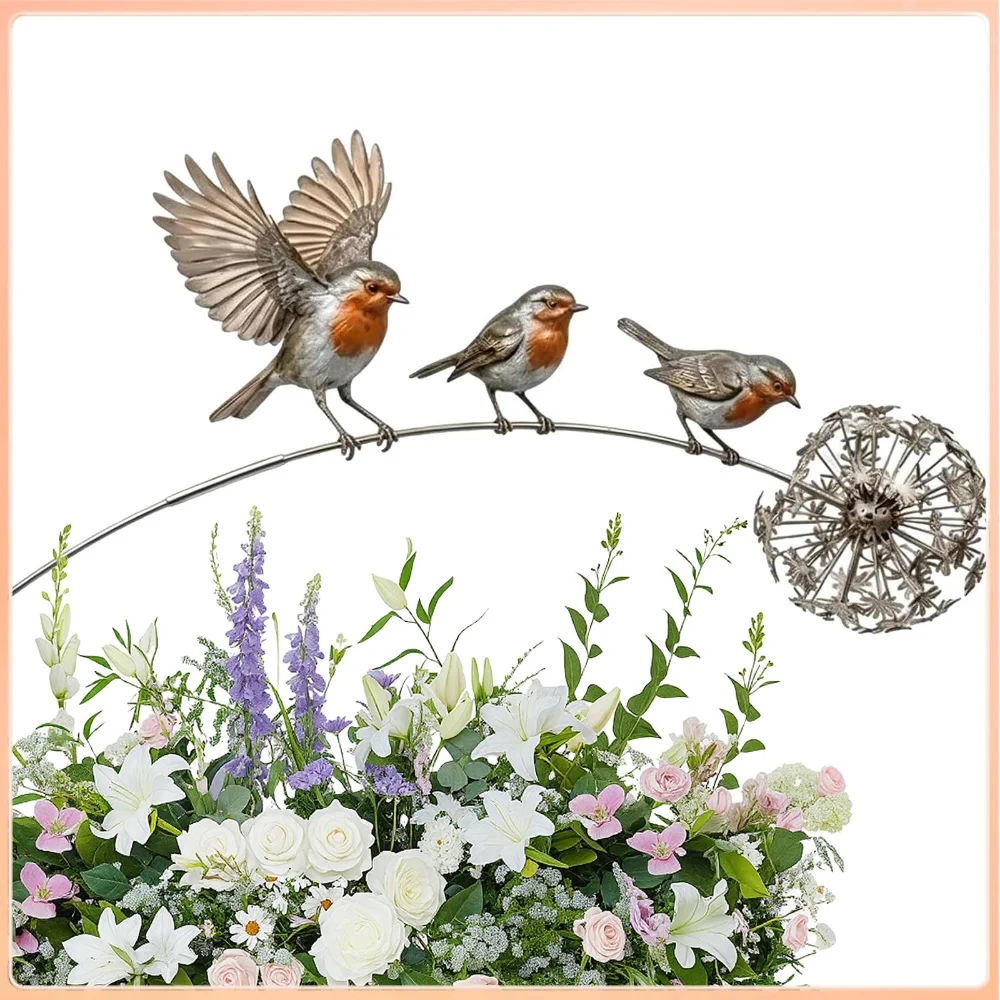 Robin Garden Stake with Dandelion Accent Outdoor Yard Art Stake Rustic Robin Bird Yard Art Decoration for Lawn Patio Flower Bed
