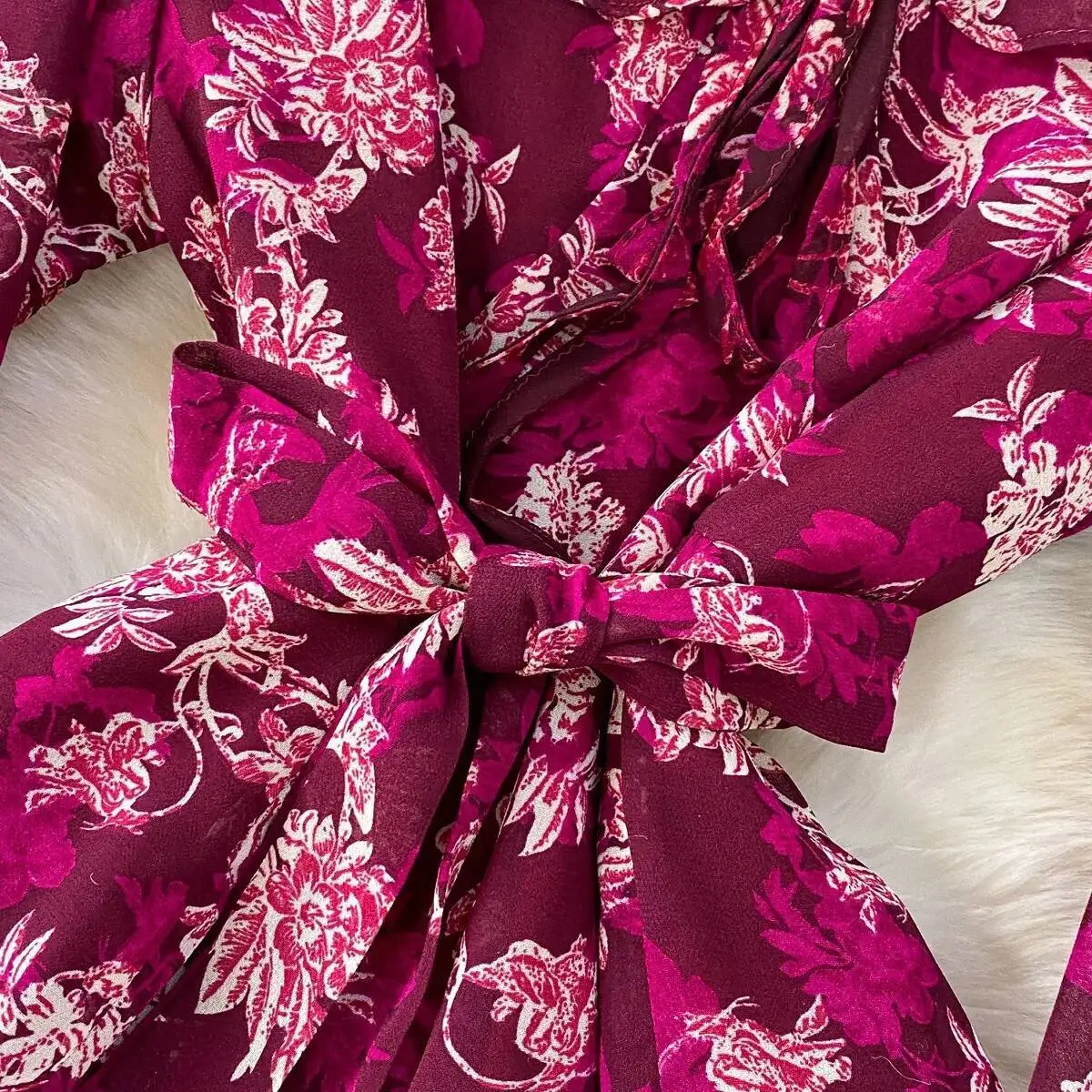 Abito floreale da donna con foglia di loto Primavera Autunno Abiti sexy con scollo a V a maniche lunghe con stampa Abiti lunghi casual in chiffon da donna