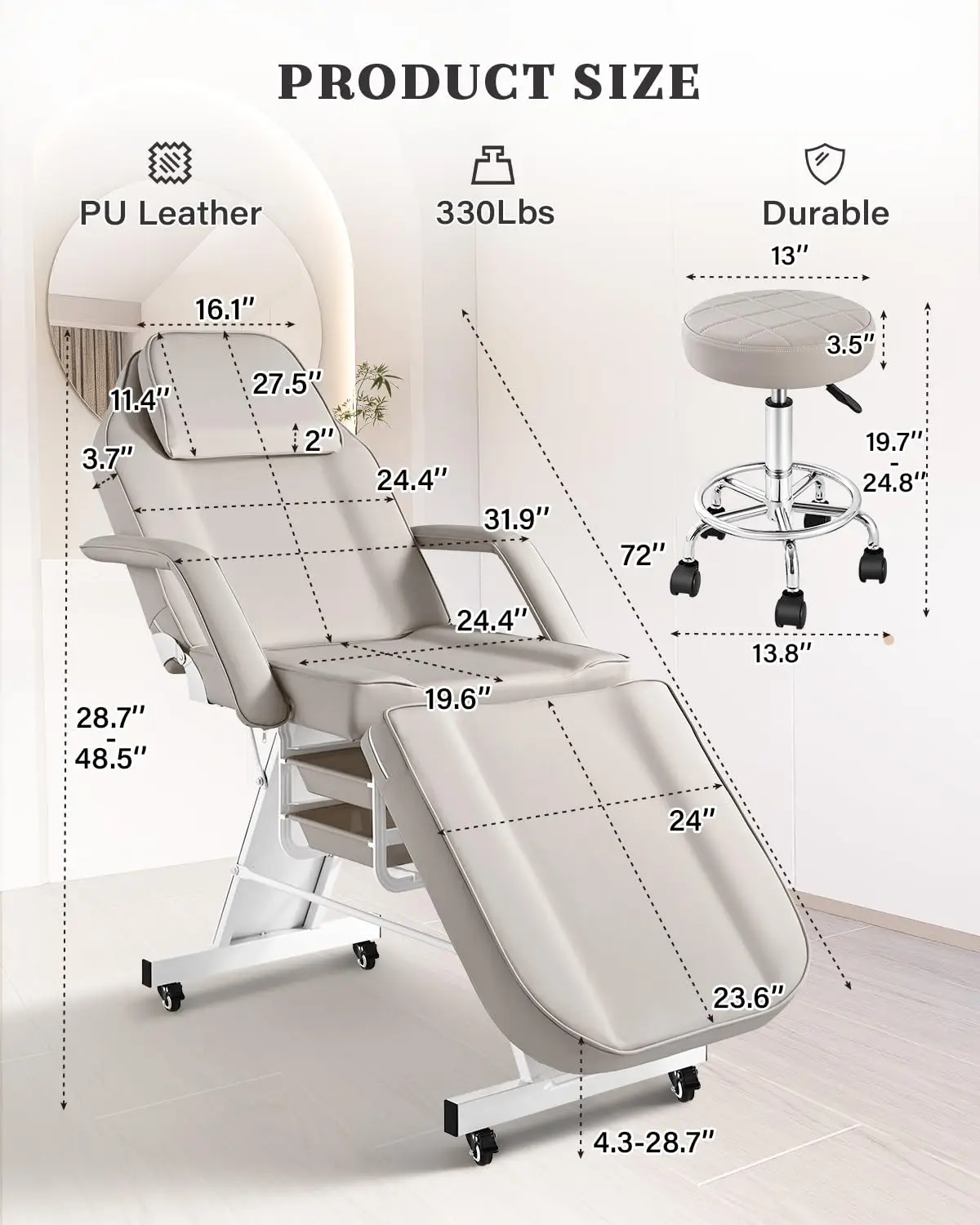 Professional Tattoo Chair with Rolling Stool, Adjustable Multipurpose Lash Beauty Salon Spa Massage Esthetician Table, Grey