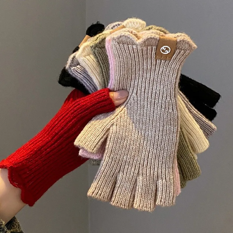 Women Scalloped Edge Knit Half Finger Gloves Multi Color Touchscreen Warm Winter Writing Gloves for Students Cute Sweety