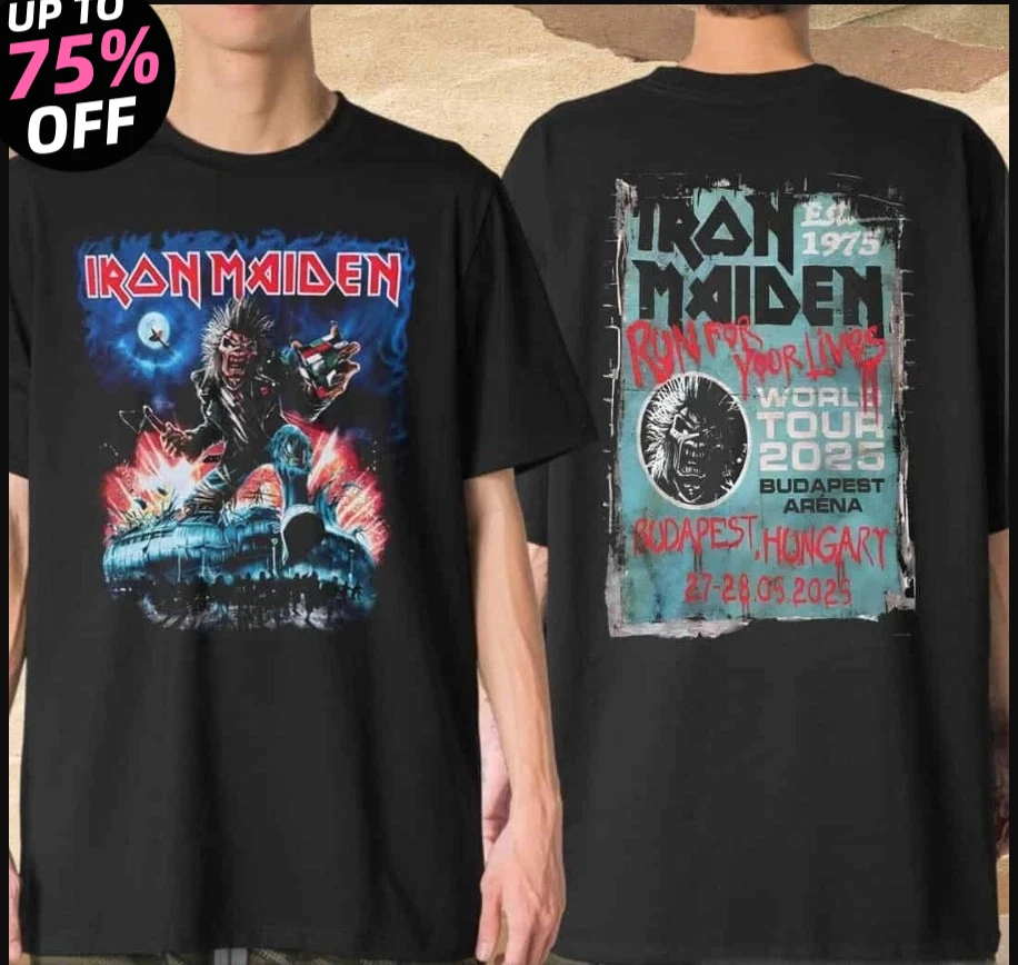 تي شيرت Vintage Ir Maiden Tour _ Run for Your World Budapest 2000s Band Tee الراقية الفاخرة لكل من الرجال والنساء أفضل Y2k