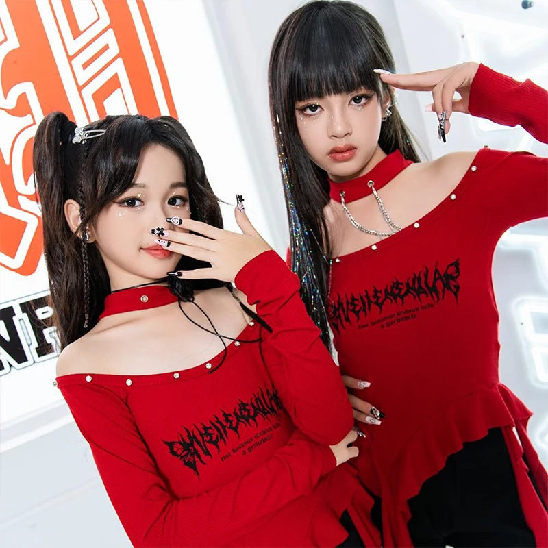 레드 어린이 힙합 댄스 의상, 소녀 모던 스트리트 재즈 댄스 공연 의류, 캣워크 쇼 무대 의상, XH1477, 신제품