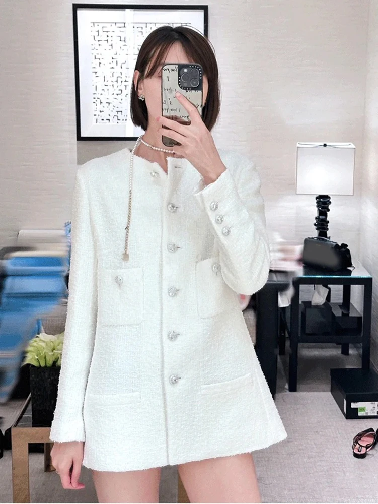 

French Lady Wool Blend Tweed White Single Breasted Cardigan Dress Round Neck Four Pockets Pearl Button Simple Mid-Length Coat