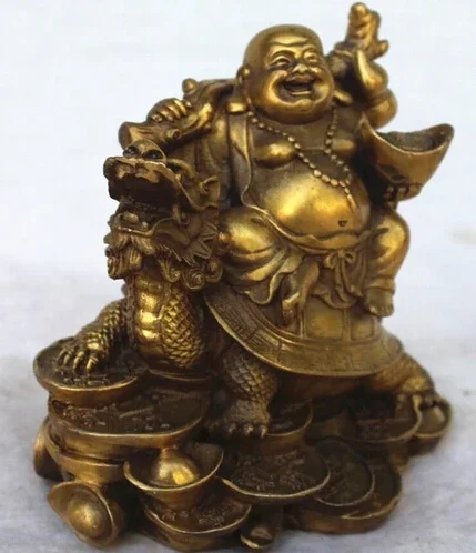 free shipping Chinese Copper Wealth Money Happy Laugh Maitreya Buddha On Dragon Turtle Statue